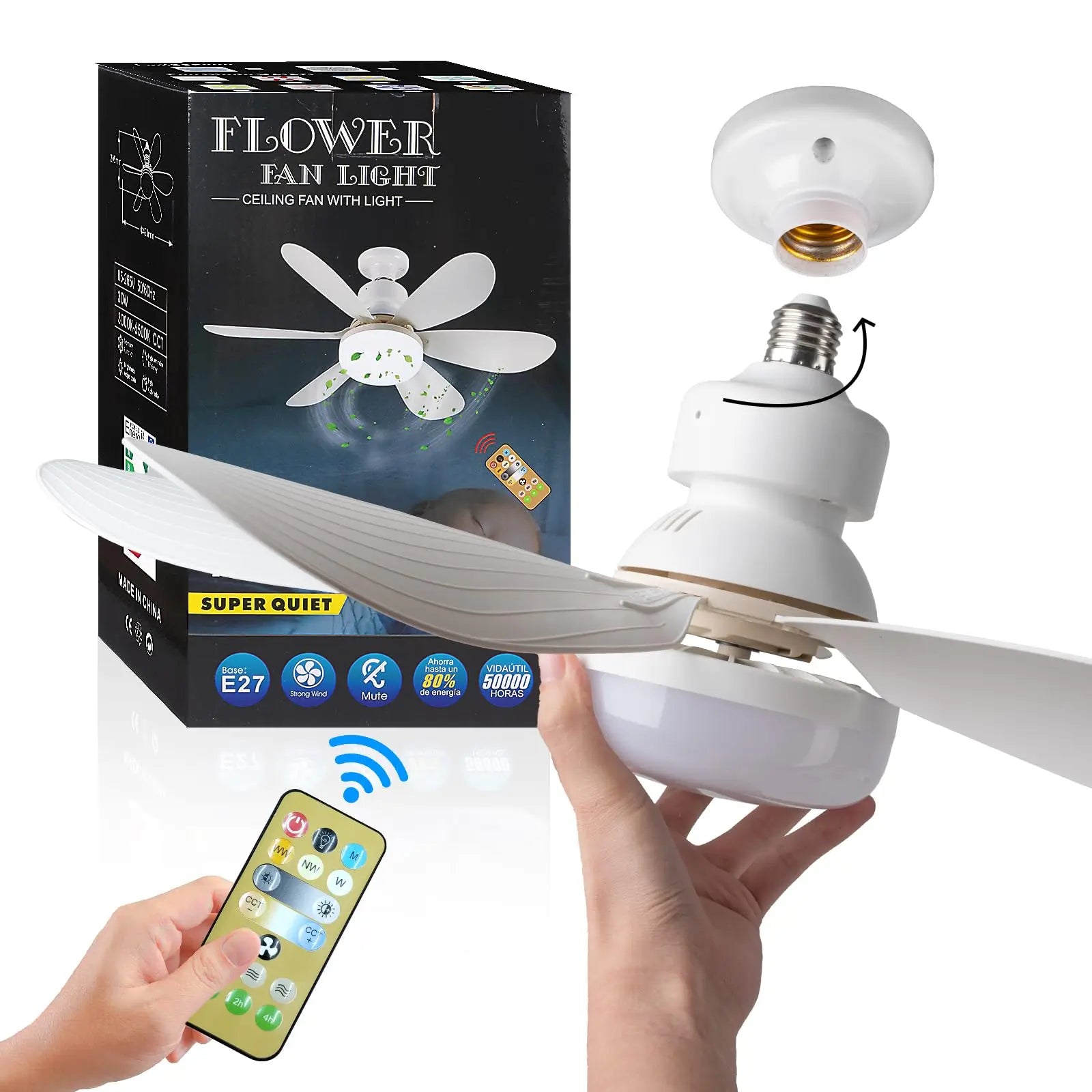 Ceiling Fans for Bedroom Living Room Ceiling Fans with Remote Control and Light LED Lamp Fan E27 Converter Base Smart Silent